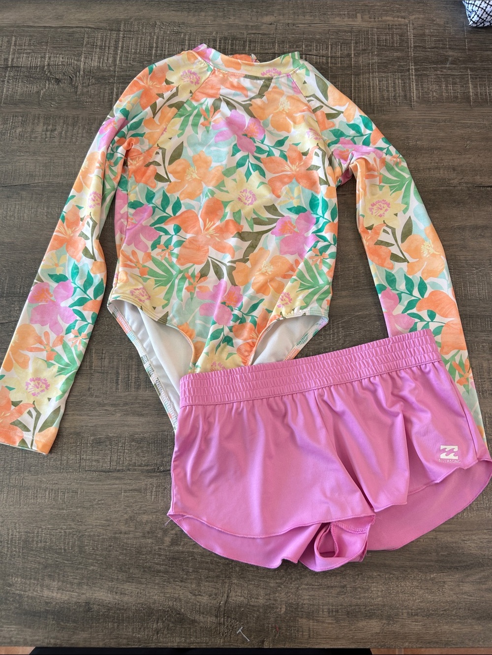 Billabong Girls Floral Long-Sleeve Rashguard with Pink Swim Shorts